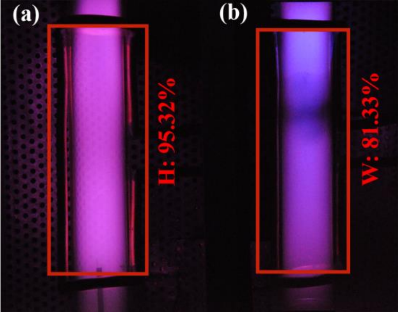 FIG. 9. Real-time screen output from the identification system: H mode with the probability of 95.32%  (a) and W mode with the probability of 81.33% (b).